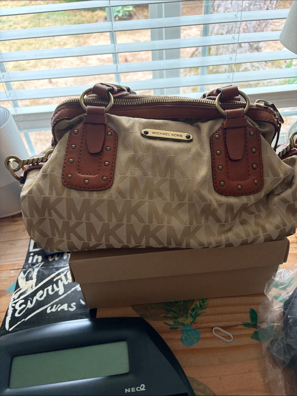 Michael Kors Beige MK Monogram Satchel with Brown Leather Trim